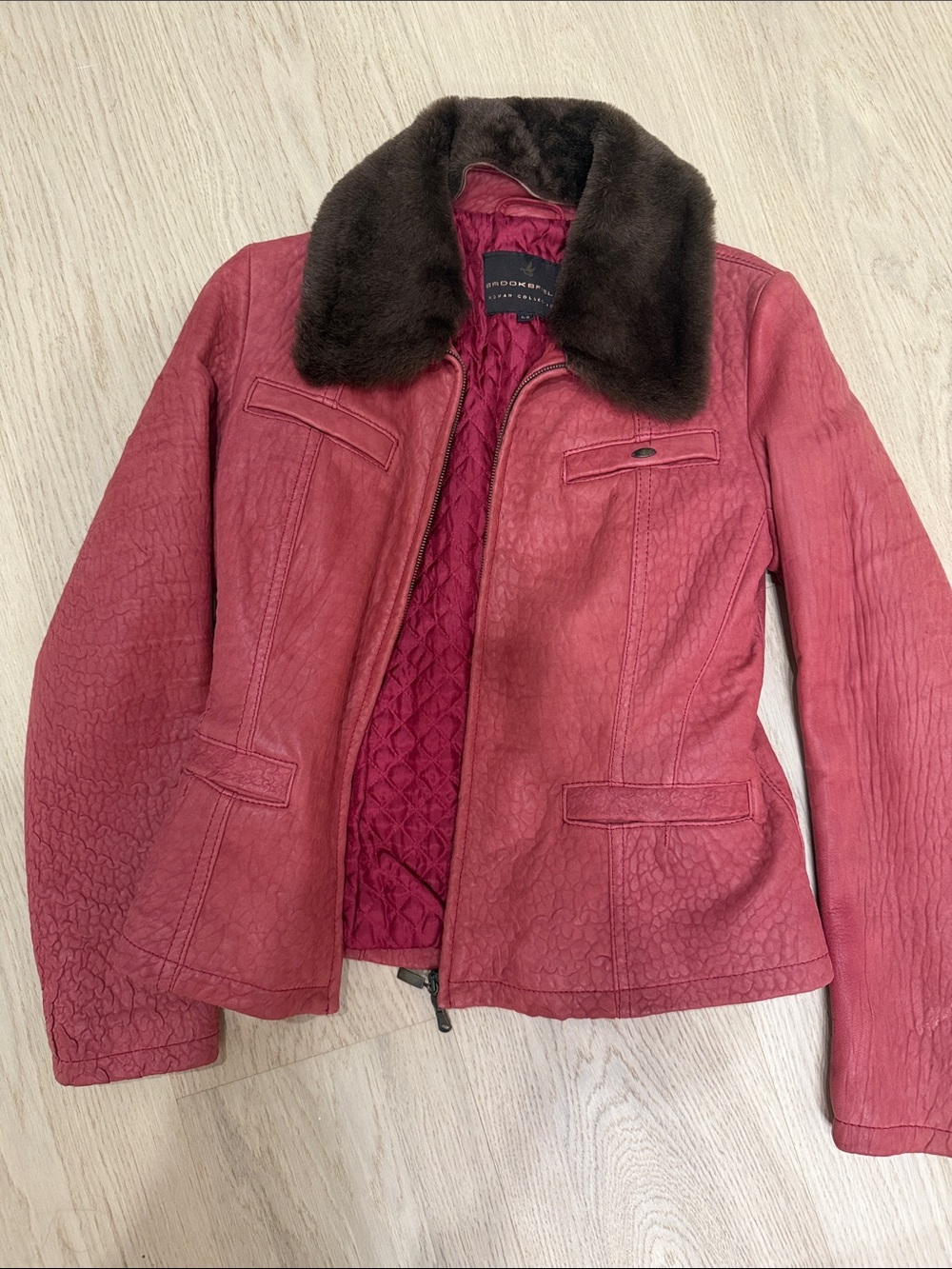 Brooksfield Red Leather Jacket with Brown Fur Collar